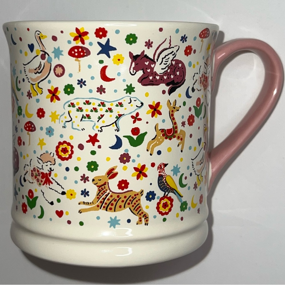 Cath Kidston Stoneware Mug with Pink Handle Animal Floral Print Cream Pink NWT
